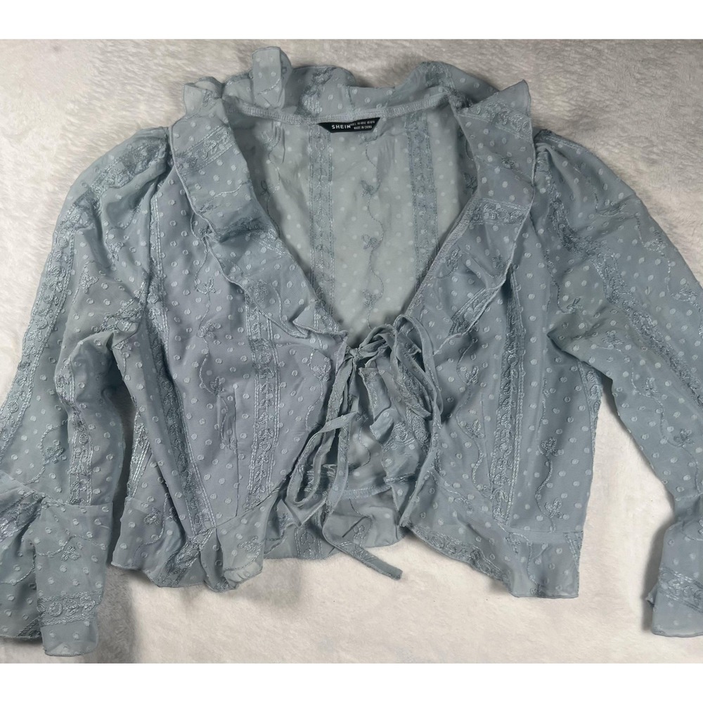 Shein Blouse Womens Large Blue Sheer Lace Embroidered Ruffle Long Sleeve Top